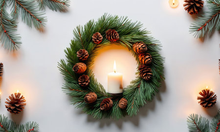 A white candle burns inside a pine wreath decorated with pine conesの素材