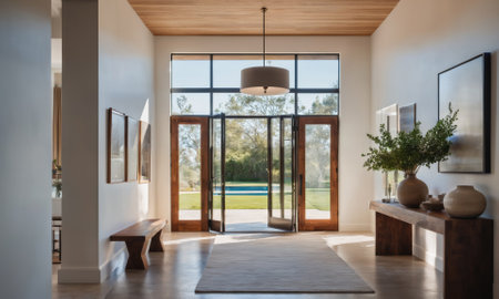 A modern entryway with a large glass door and a wooden bench welcomes you into the homeの素材