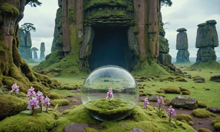 A glass dome sits in a lush green landscape with tall rock formations, protecting delicate pink flowersの素材