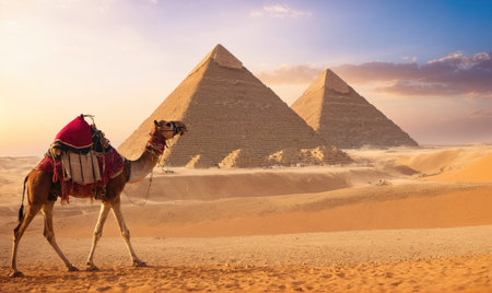 A camel walks through the desert near the Great Pyramids of Gizaの素材