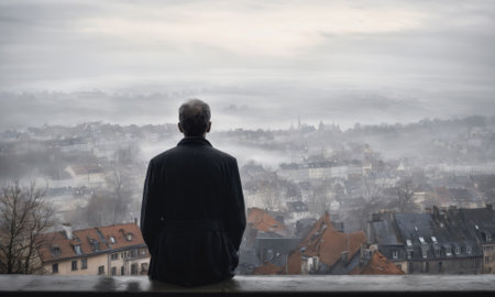 A man sits alone on a rooftop overlooking a city shrouded in fogの素材