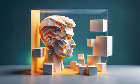 A 3D rendering of a head with a geometric face surrounded by white cubes, set against a teal backgroundの素材