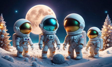 Four astronauts stand on a snowy surface with a full moon and twinkling stars in the backgroundの素材