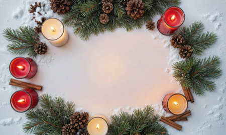 Candles and pine branches create a festive atmosphere on a snowy backgroundの素材
