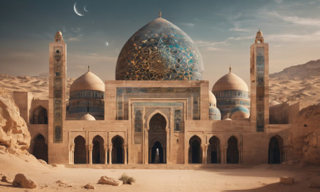 A mosque stands in the desert under a crescent moonの素材