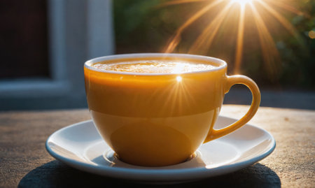 A cup of coffee sits on a table outside, bathed in the warm morning lightの素材