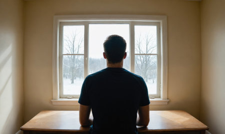 A man sits by a window, looking out at a snowy sceneの素材