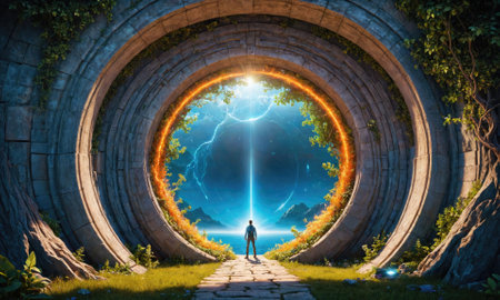 A lone figure stands before a glowing portal, looking towards a mysterious world beyondの素材