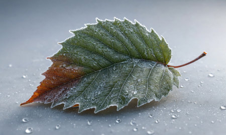 A single leaf, partially brown, rests on a wet surface covered in water dropletsの素材