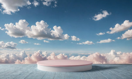 A pink and white platform sits atop a blue wooden platform, surrounded by white and pink clouds against a clear blue skyの素材