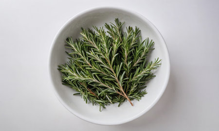 A bowl of fresh rosemary sits on a white countertop, ready to be used in a delicious dishの素材