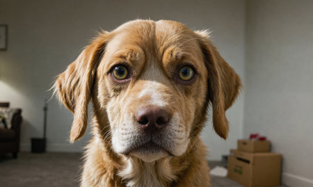 A brown dog looks directly at the camera in a home settingの素材