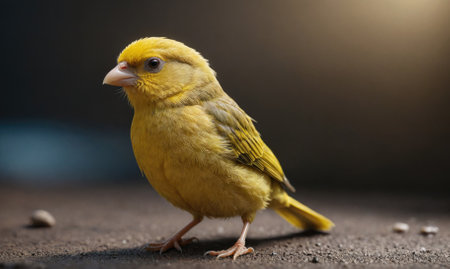 A small, yellow bird perches on a dark, textured surface in the sunlightの素材