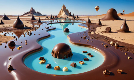 A blue pool with chocolate borders in a desert landscapeの素材