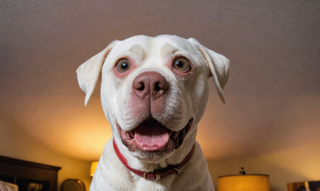A white dog with a red collar looks directly at the camera, smiling in an indoor settingの素材