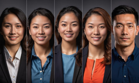 Five people are smiling at the camera in a professional settingの素材