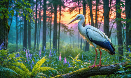 A white stork stands on a mossy branch in a lush forest at sunriseの素材