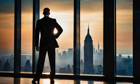 A businessman looks out over the New York City skyline during a golden hour sunriseの素材