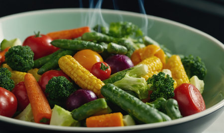 Steaming vegetables in a bowl, a healthy and colorful mealの素材