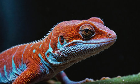 A red and blue lizard sits on a branch with a black backgroundの素材