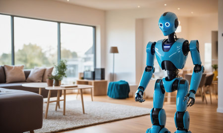 A blue robot stands in a modern living room, looking around with an inquisitive expressionの素材