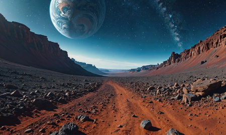 A dirt road winds through a rocky valley on a desolate planet with Earth hanging in the skyの素材