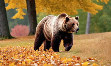 A brown bear walks through a field of fallen leaves in autumnの素材