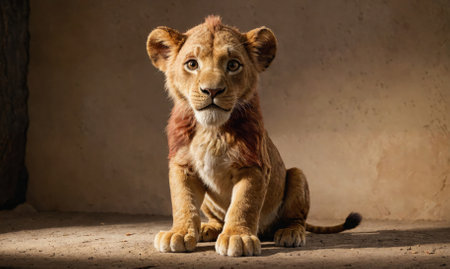 A young lion cub sits patiently, gazing at the camera with big, innocent eyesの素材