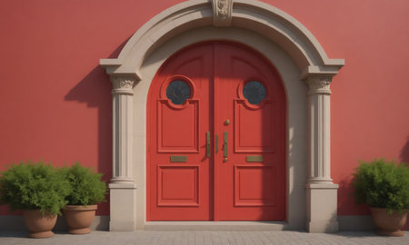 A red double door with arched trim and decorative columns sits on a red buildingの素材