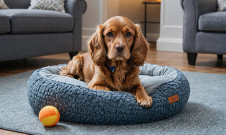 A brown dog lies on a blue dog bed with a yellow ball in front of itの素材