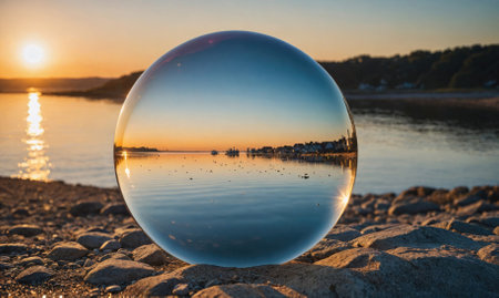 A large glass ball is sitting on a beach, reflecting the sun and the waterの素材