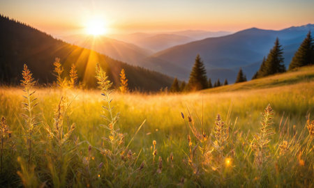 The sun sets over the mountains, casting a warm glow on the field of grassの素材