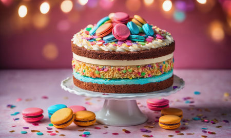 A colorful, layered cake decorated with macarons and sprinkles sits on a white cake standの素材