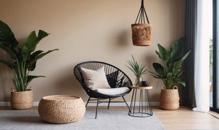 A comfortable chair sits in a modern living room, inviting relaxation and a moment to unwindの素材