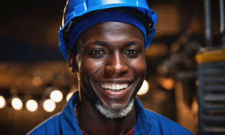 A worker smiles at the camera while wearing a blue hard hat and blue uniform in a factoryの素材