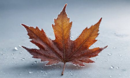 A single brown leaf lies on a surface with water dropletsの素材