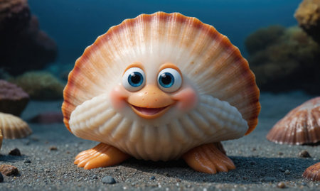 A happy, animated scallop smiles for the camera on a sandy seabedの素材