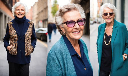 A stylish woman in her 70s walks down a city street, showing off her fashion sense with a blue blazer and a pearl necklaceの素材