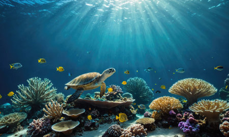 A sea turtle swims through a vibrant coral reef, surrounded by colorful fishの素材