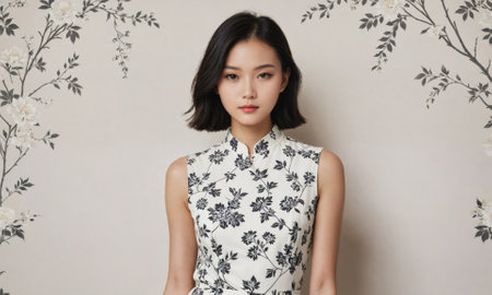 A woman with short black hair poses in front of a floral wallpaperの素材