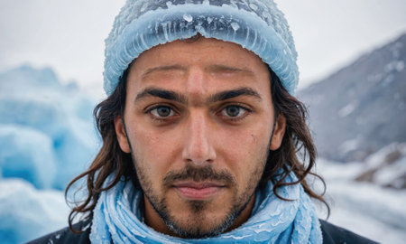 A man wearing a blue beanie and scarf stands in front of a snowy mountain rangeの素材