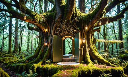 A whimsical bathroom nestled within the roots of a moss-covered tree in a lush forestの素材