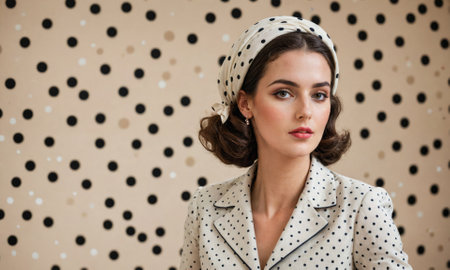 A woman in a white polka dot blouse and matching headband looks confidently at the camera in front of a black and white polka dot backgroundの素材