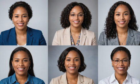 Six women with different hairstyles, clothing, and expressions pose for headshots in a studio settingの素材