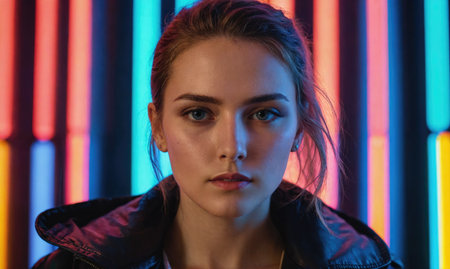 A woman stands in front of a colorful neon wallの素材
