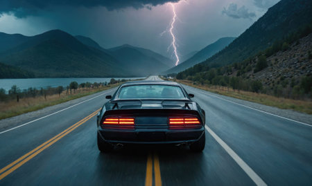 A black car drives down a highway with a lake and mountains in the background, a lightning bolt strikes in the distanceの素材