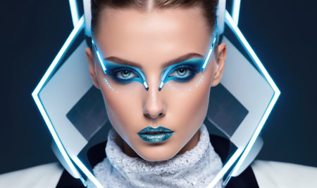 A woman with blue eyeshadow and lipstick poses for a photo in a futuristic settingの素材