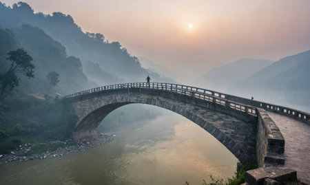 A person stands on a stone bridge overlooking a misty valley at sunriseの素材