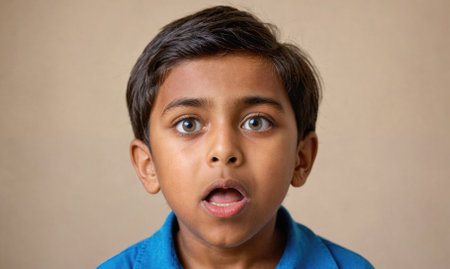 A young boy with brown hair and a blue shirt stares in shock at the cameraの素材