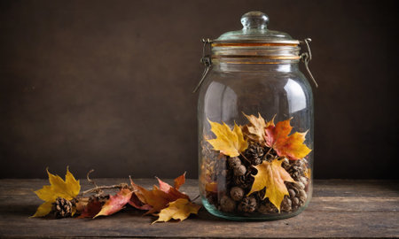 A glass jar filled with autumn leaves and pine cones sits on a wooden table, with a few more leaves scattered nearbyの素材